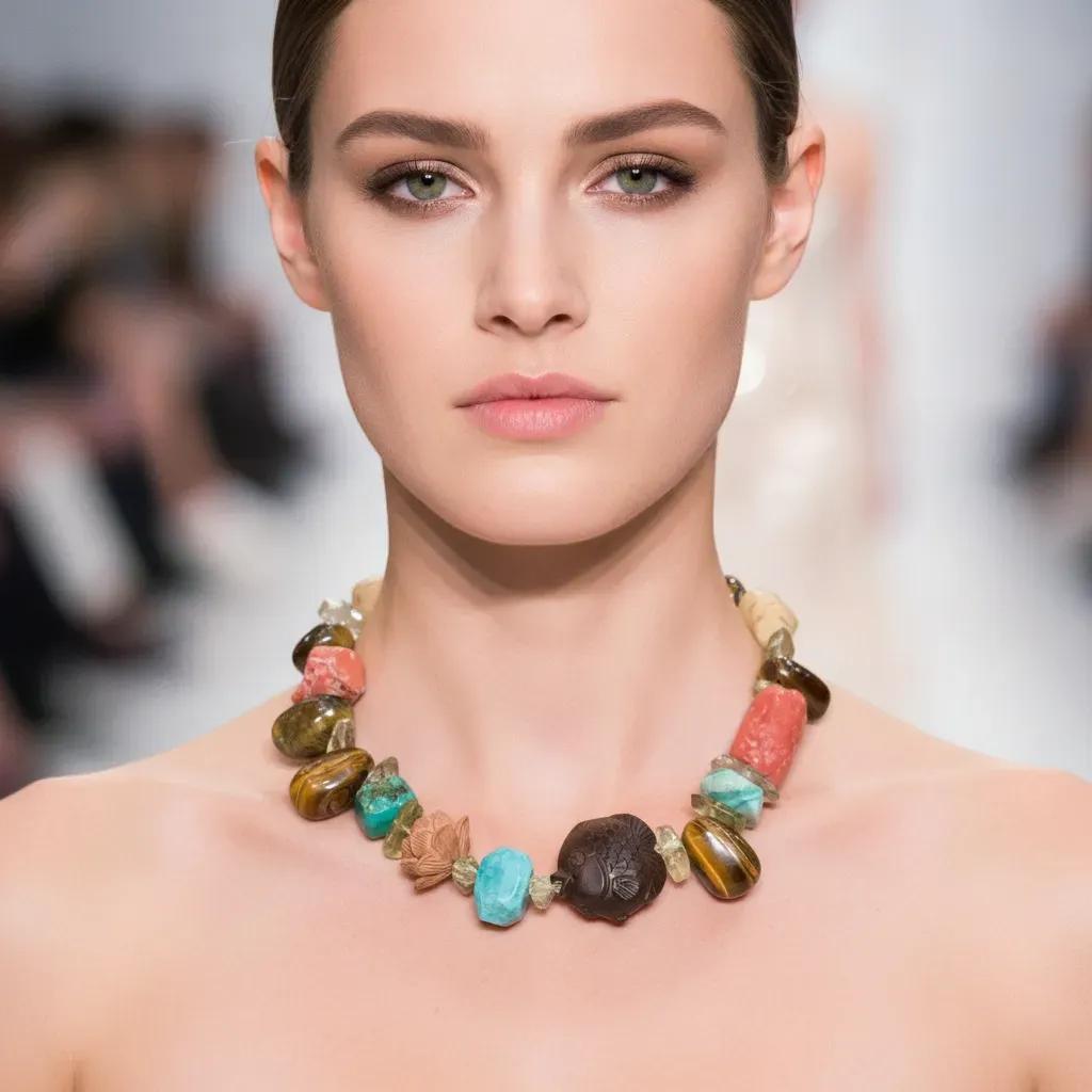 Model wearing handcrafted Prosperity Necklace with carved wood fish centerpiece and multicolor natural stones including coral, agate, and tiger eye on runway.