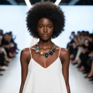 Model wearing a handcrafted Lotus Necklace made of multicolor natural stones and a carved Boxwood Lotus Pod centerpiece, styled with a white sleeveless dress on runway.