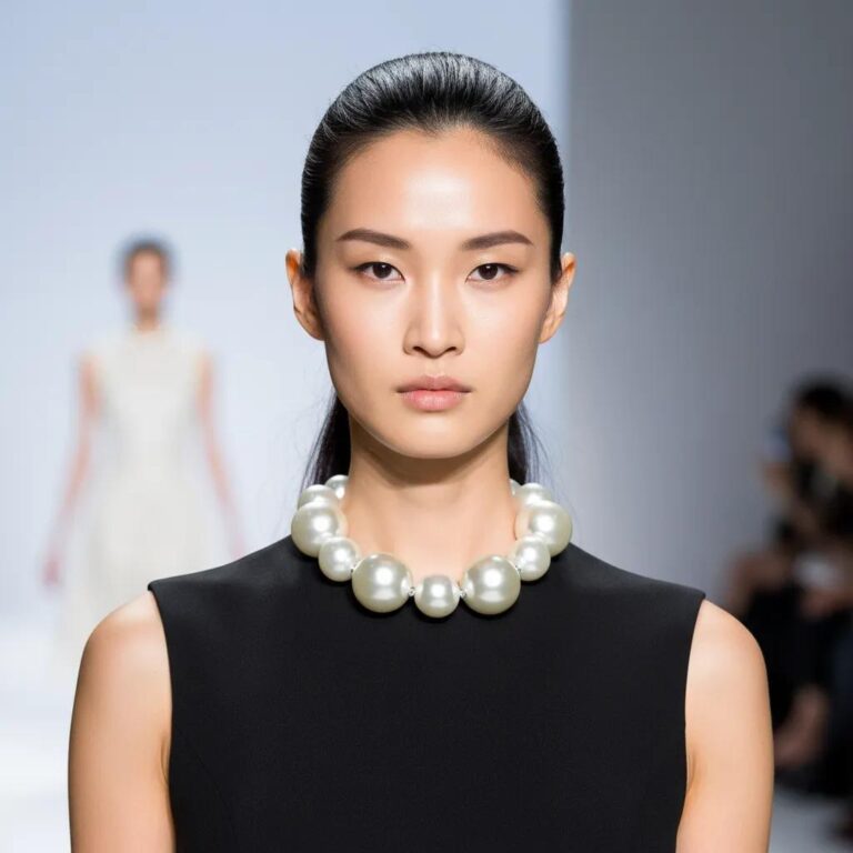 Model wearing a bold choker necklace made of large simulation pearls with a sleek black sleeveless dress on runway.