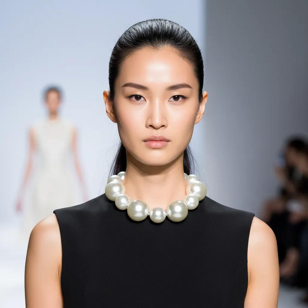 Model wearing a bold choker necklace made of large simulation pearls with a sleek black sleeveless dress on runway.