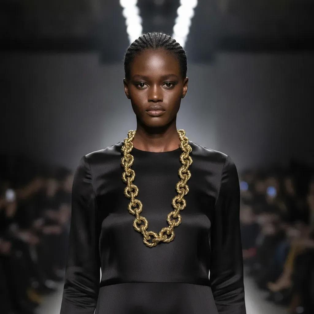 Model wearing a long gold rope‑link chain necklace with large twisted circular links over a black satin dress on runway.
