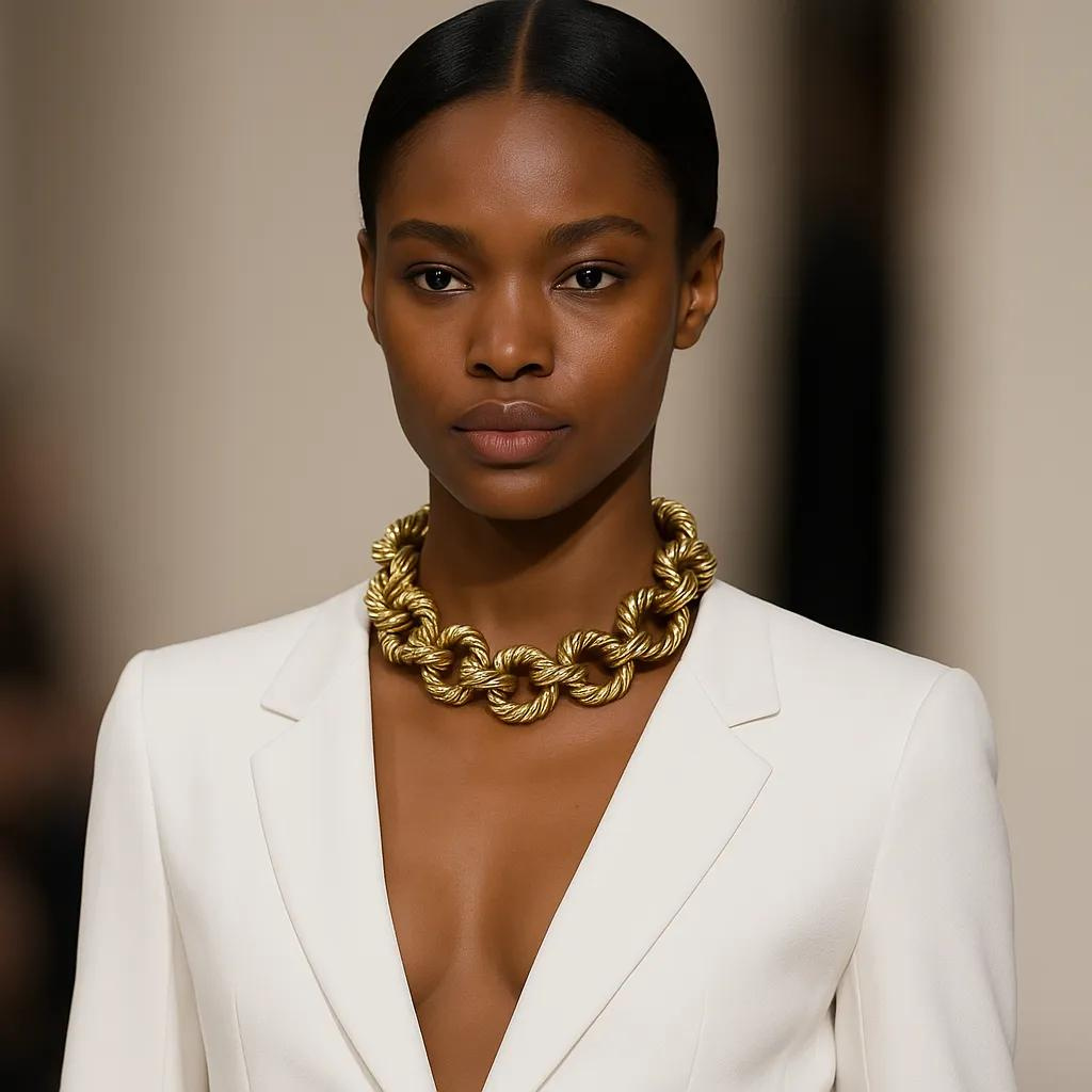 Model wearing a bold gold rope‑link necklace with large twisted circular links, styled with a white blazer and sleek hair.