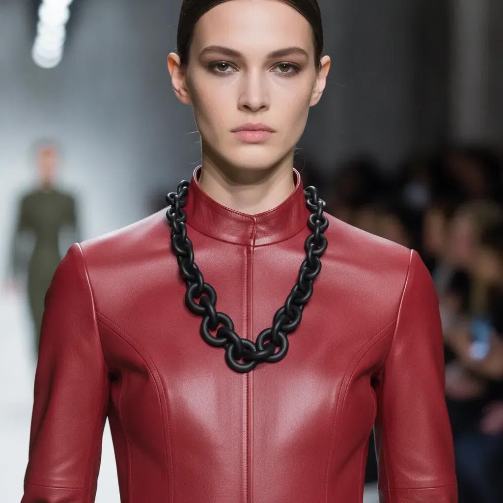 Model wearing Black chain necklace composed of large interlocking matte rubber links with silver metal ring clasps engraved “Caro,”