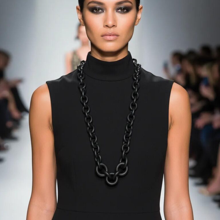 Model wearing a long chunky black rubber chain necklace with oversized matte links, styled over a sleeveless black turtleneck dress on a runway, exuding a bold punk and modern minimalist aesthetic.