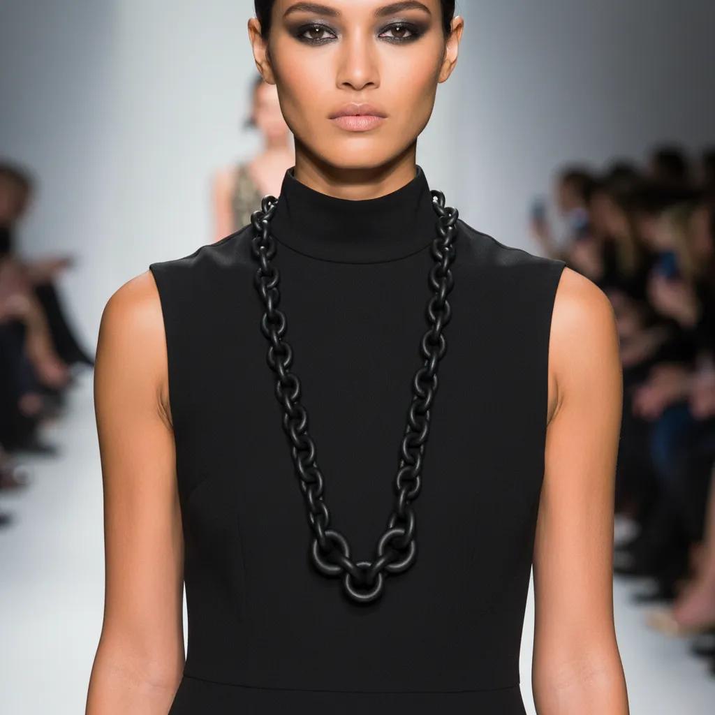 Model wearing a long chunky black rubber chain necklace with oversized matte links, styled over a sleeveless black turtleneck dress on a runway, exuding a bold punk and modern minimalist aesthetic.