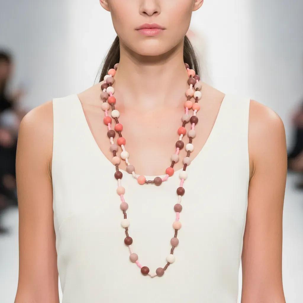 Model wearing a long double‑strand necklace made of peach, pink, cream, and brown silicone beads, styled over a sleeveless ivory dress on a runway.