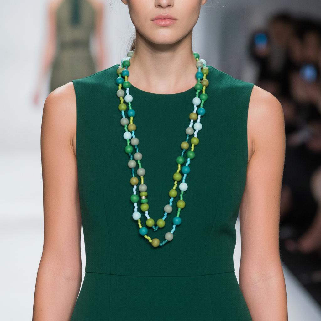 Model wearing a long double‑strand necklace made of green, turquoise, blue, and yellow silicone beads, styled over a sleeveless dark green dress on a runway.