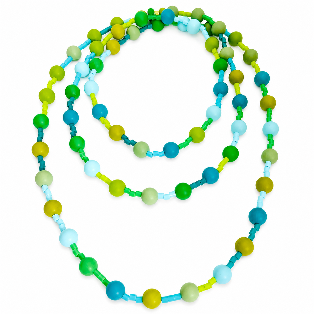 Long necklace composed of round and cylindrical silicone beads in shades of green, turquoise, blue, and yellow, arranged in a repeating pattern and displayed on a white background.