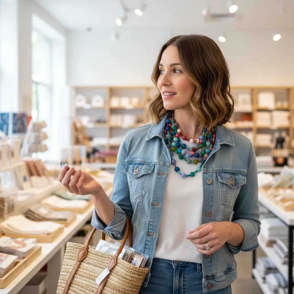 Woman wearing a layered set of colorful silicone bead necklaces in shades of blue, green, and peach, styled with a white shirt and light denim jacket while shopping in a bright, modern boutique.