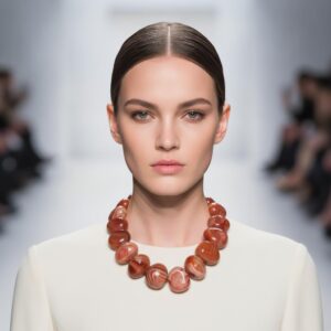 Model wearing a bold red Carnelian necklace composed of polished, rounded stones with orange and crimson tones, styled over a cream high‑neck dress on a runway.