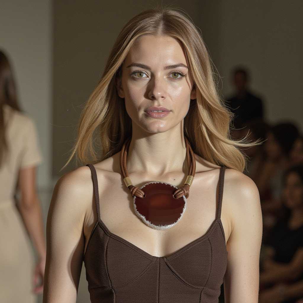 Model wearing a statement necklace with a large red Carnelian pendant and brown leather cords, styled over a fitted brown dress on a runway under warm lighting.