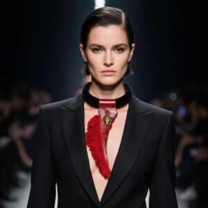Model wearing a black suede choker necklace with a red fringed leather pendant and brass mask charm, styled over a deep V-neck black blazer on a runway under dramatic lighting.