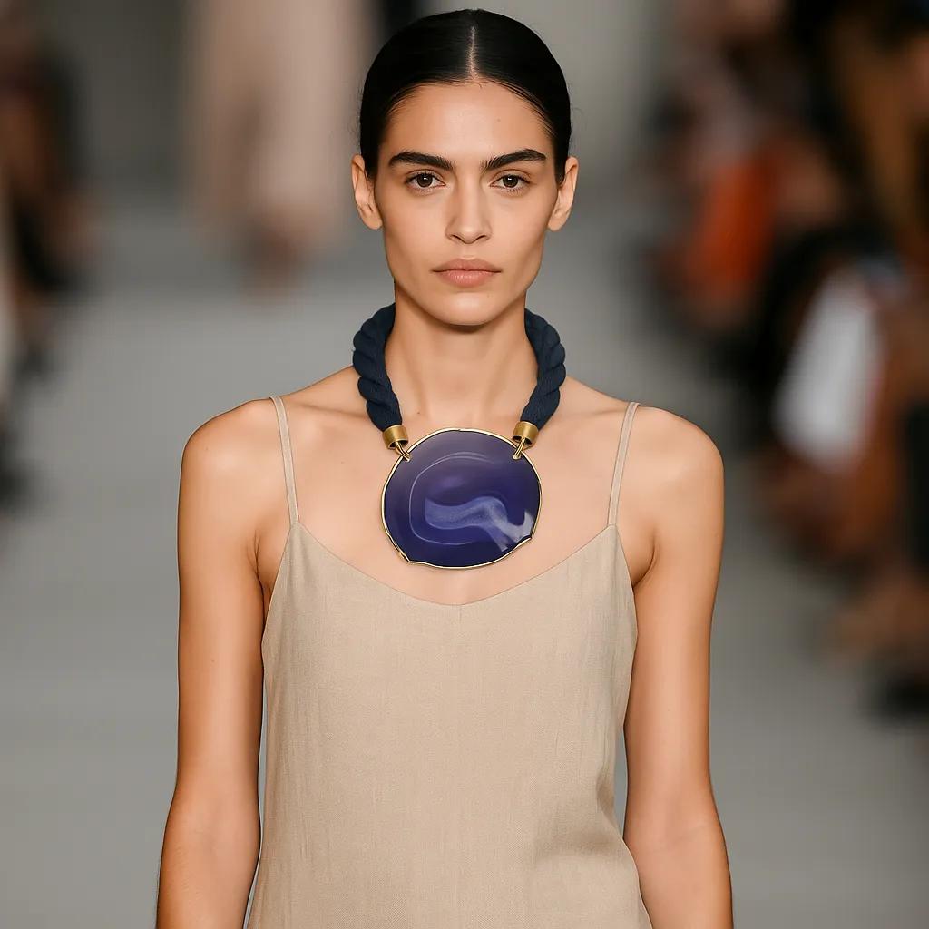 odel wearing a bold collar-style necklace with a large purple-blue agate pendant framed in gold, suspended from a thick navy braided cord, styled over a minimalist beige dress on a runway.
