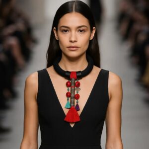 Model wearing a bold Aztec-style necklace with a thick black suede collar and a vertical pendant adorned with red coral beads, turquoise stones, and colorful tassels, styled over a deep V-neck black dress on a runway.