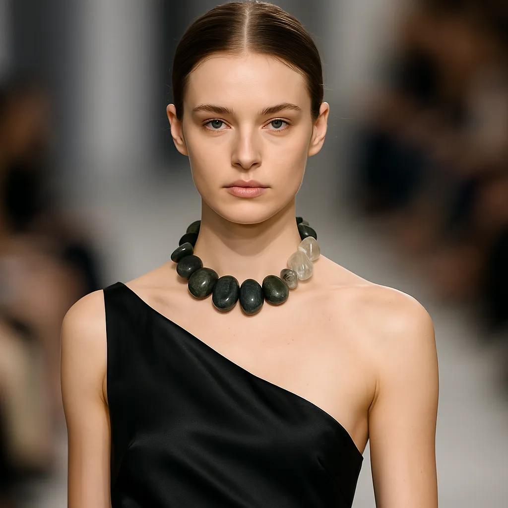 Model wearing a statement necklace composed of large green labradorite stones and clear quartz beads, styled over a one-shoulder black satin dress on a runway.