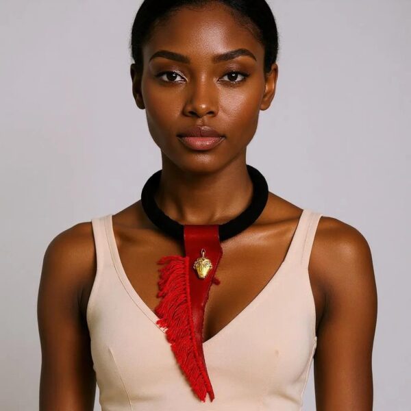 Rich with cultural symbolism and bold design, this striking necklace evokes timeless artistry and ancestral reverence. A gleaming brass trival pendant mask —steeped in tradition and meaning—serves as the centerpiece, honoring the ancient belief that masks connect us to the wisdom and spirit of our forebears. Hanging gracefully from a black suede cord, the pendant brings a grounded, tactile elegance to the piece. Bright red genuine leather, edged with a rustic finish, adds a dramatic contrast and infuses the necklace with raw character. The interplay between color and texture reflects a fusion of primal strength and modern style. Whether worn for personal meaning or fashion-forward impact, the tribal pendant necklace makes a compelling statement. Its adjustable length, ranging from 18.5 to 23 inches (47 to 58 cm), allows for a tailored fit to suit any neckline or layering preference. Ideal for those who value storytelling in their style, this necklace embodies a journey—one of identity, connection, and transformation. Let it be more than adornment; let the trial pendant be a tribute to heritage wrapped in wearable art.