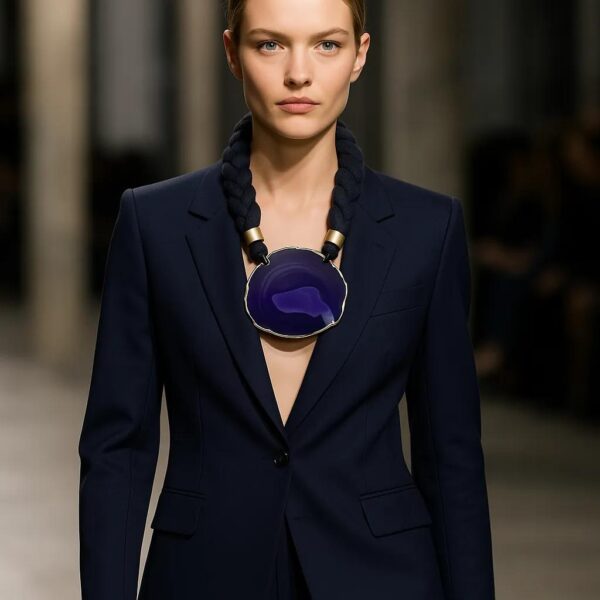 Elevate your look with a burst of color and elegance—this purple blue collar-style statement necklace strikes the perfect harmony between bold and refined. A captivating slice of agate sits at the heart of the design, seamlessly shifting between deep purple and moody blue hues. Polished to a radiant sheen and framed with a golden border, the stone evokes both luxury and elemental grace. The marine blue cord adds a vibrant, contemporary twist, contrasting beautifully against the richness of the purple blue agate while enhancing its dimensional tones. Measuring 20.5 inches (52 cm), the necklace rests gracefully at the collarbone, allowing the gemstone to command attention with every wear. Its structured silhouette and striking palette make it an ideal accessory for those who appreciate artistic flair and intentional design. Whether paired with neutral tones or layered atop vivid fabrics, this purple blue piece infuses any outfit with sophistication and individuality. Perfect for moments when your style needs a statement—this necklace doesn’t just complement your ensemble; it defines it like no other.