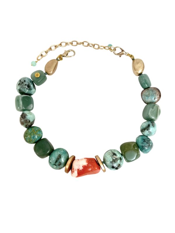 Natural stone: Amazonite, Coral, Green Aventurine, with gold accent beads. Choker style measuring 16.5 - 20 IN/42 - 51 CM.