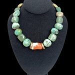 Natural stone: Amazonite, Coral, Green Aventurine, with gold accent beads. Choker style measuring 16.5 - 20 IN/42 - 51 CM.