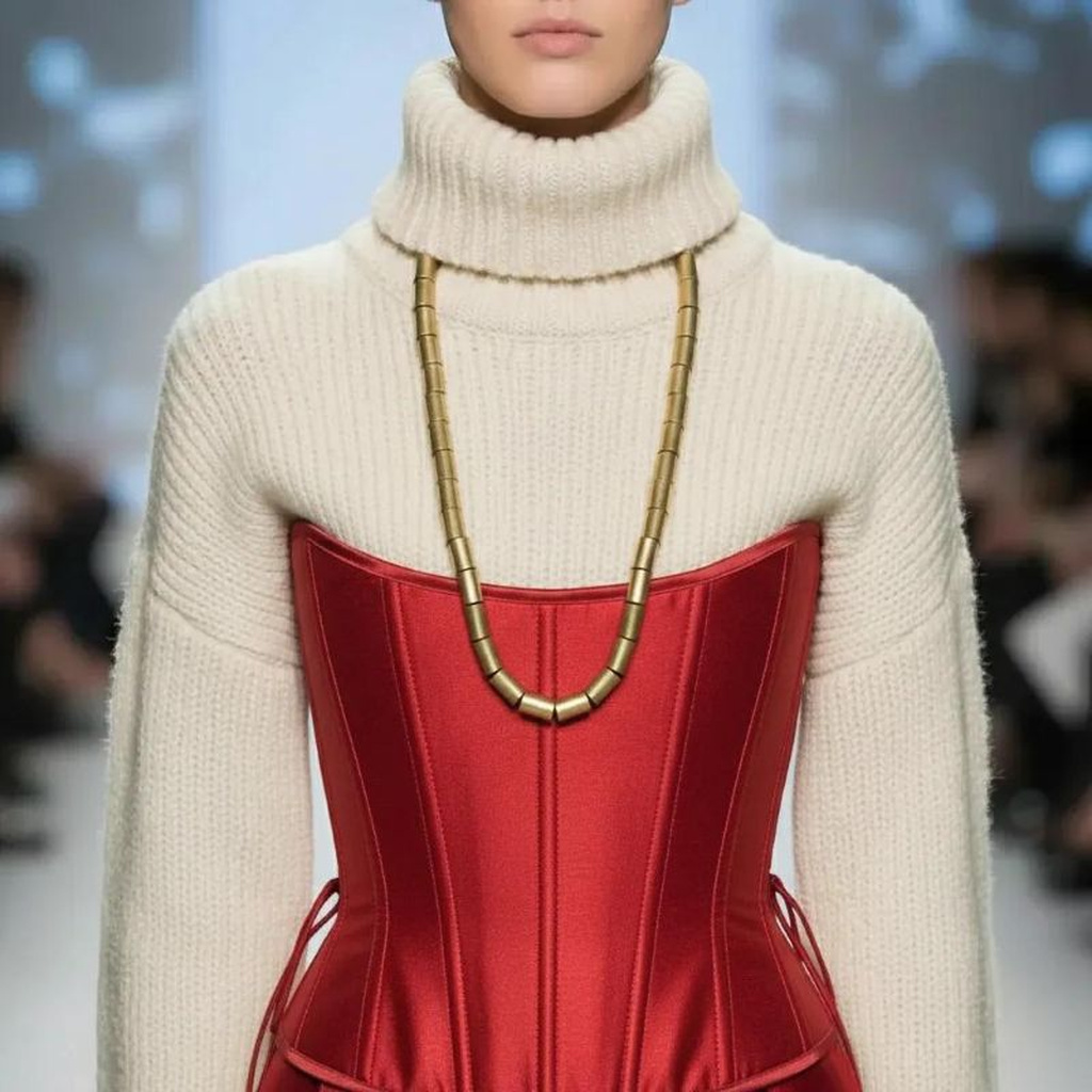 Model wearing a long gold cylindrical bead necklace over a cream ribbed turtleneck sweater and red satin corset, styled on a runway.