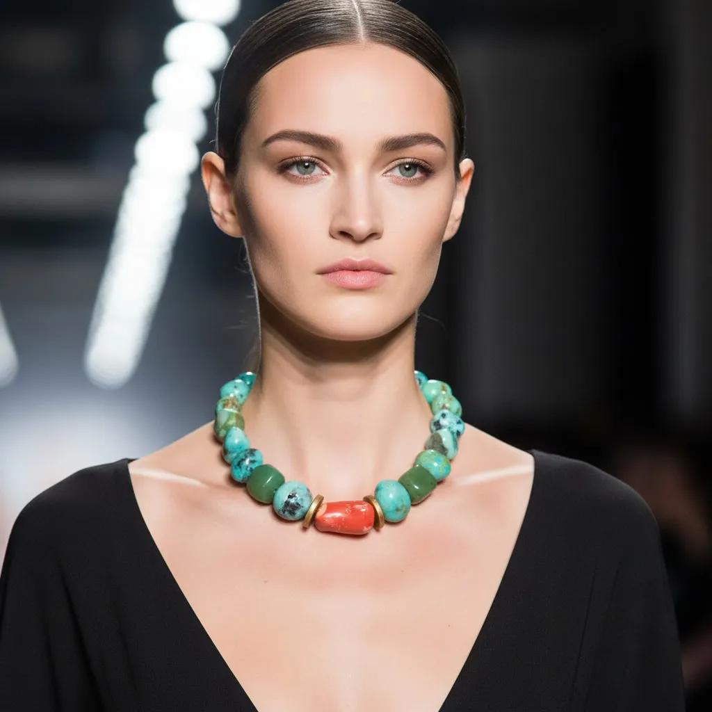 Model wearing a statement necklace composed of large green and turquoise amazonite stones with a central reddish-orange bead, styled over a deep V-neck black dress on a runway.