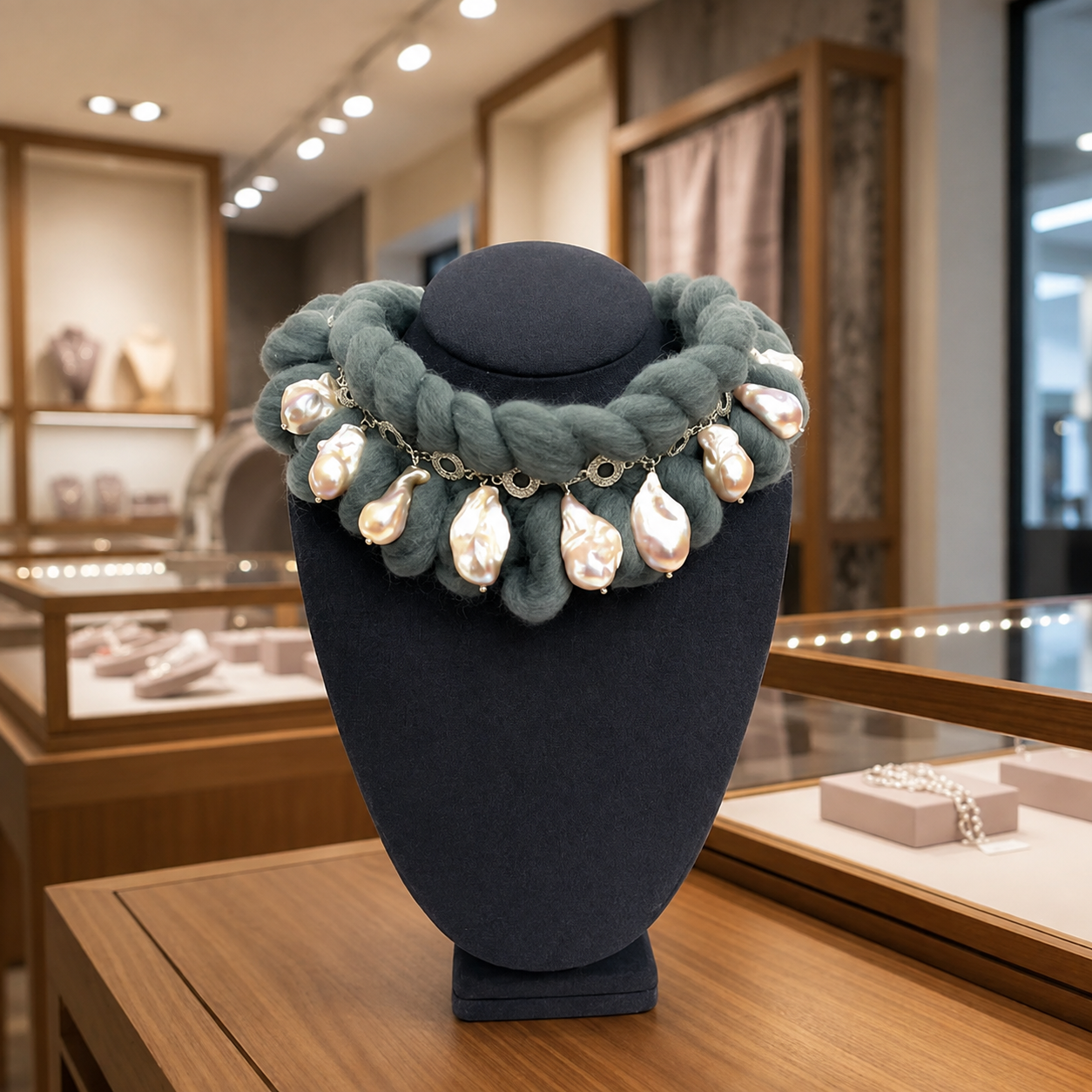 Handcrafted winter necklace displayed on a navy jewelry bust inside a boutique. The piece features a chunky gray yarn base adorned with irregular baroque pearls in cream and blush tones, hanging from a silver chain.