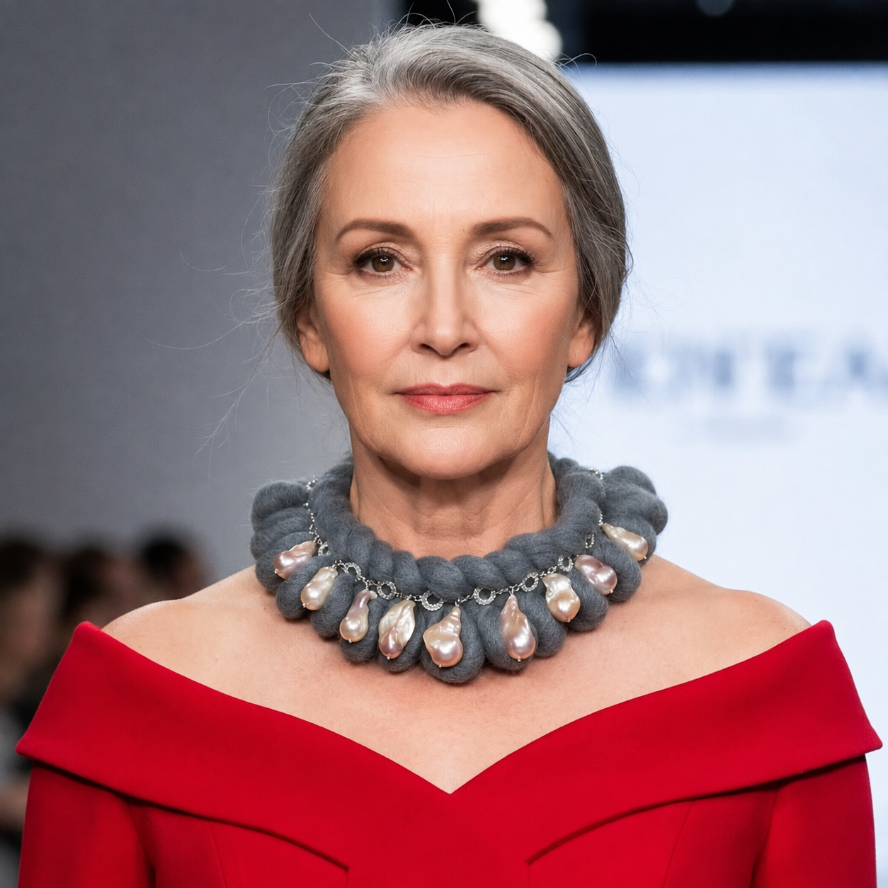 Elegant older woman wearing a statement winter necklace made of thick gray yarn with large baroque pearls suspended from a silver chain. Styled with an off‑the‑shoulder red gown on a runway, the necklace contrasts cozy texture with luminous elegance.