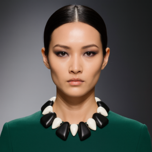 Model wearing a bold collar-style necklace composed of alternating black and off-white triangular resin beads, styled over a dark green dress. The necklace sits close to the neckline, creating a striking geometric contrast against the minimalist outfit.