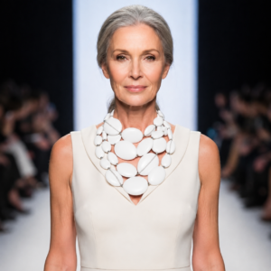 Model wearing a statement double-strand necklace made of large white oval beads with silver accents, styled over a sleeveless ivory dress on a runway. The necklace drapes gracefully across the neckline, adding volume and sophistication.