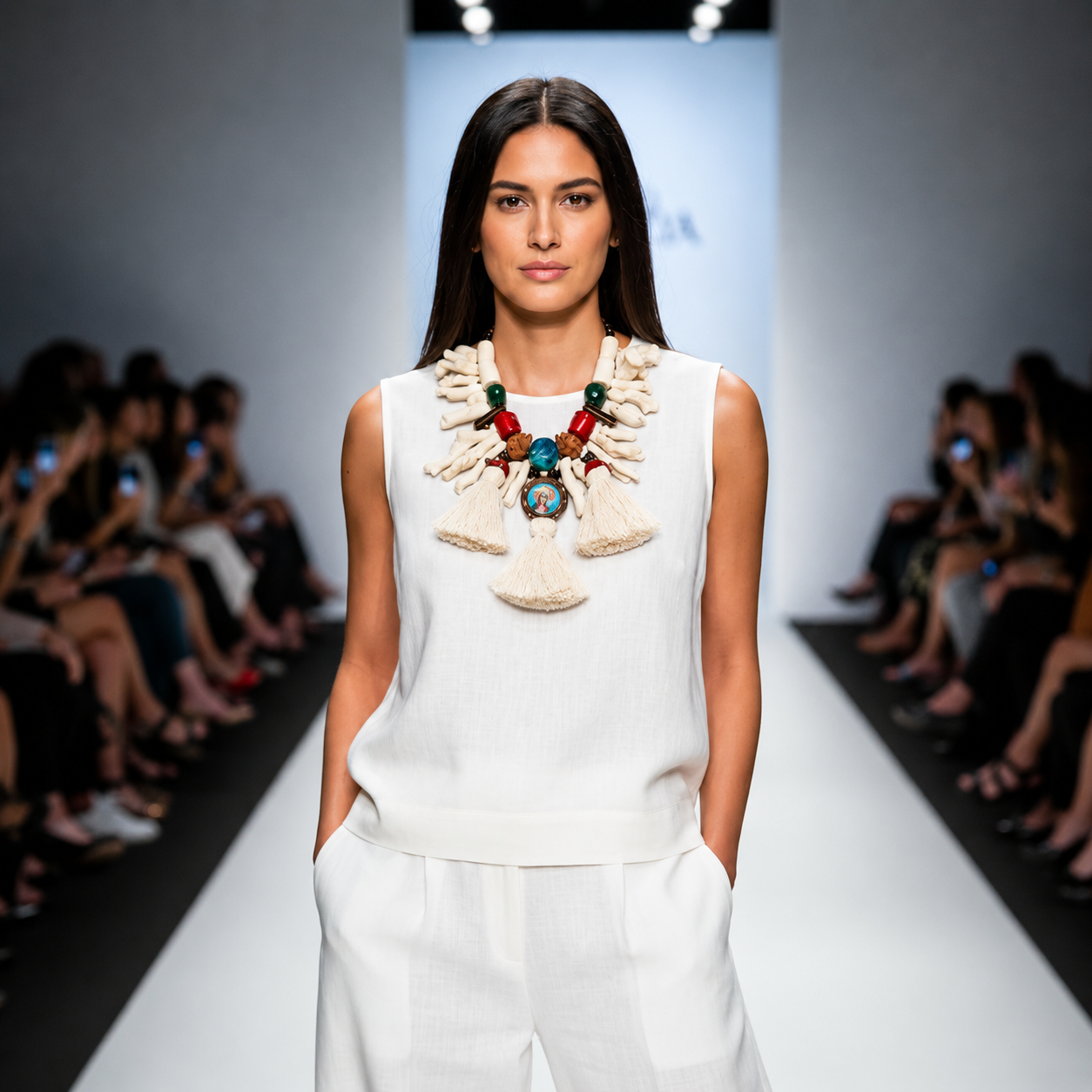 Model walking down a runway wearing a sleeveless white outfit paired with a bold Italian-style necklace made of coral branches, red and green stones, carved beads, and cream tassels with a central medallion pendant.