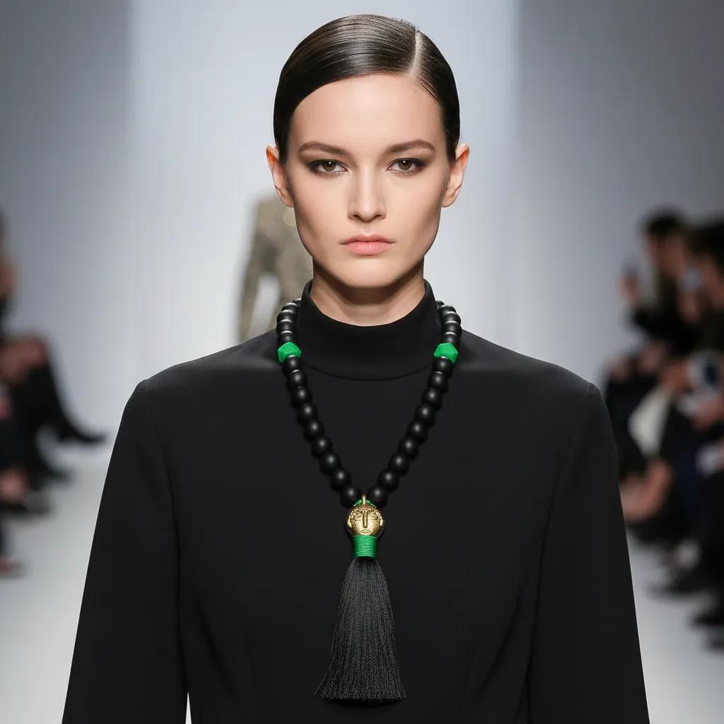 Model wearing a long tribal-inspired necklace made of matte black beads with green accents and a brass face pendant attached to a black silk tassel, styled over a high-neck black outfit on a runway.