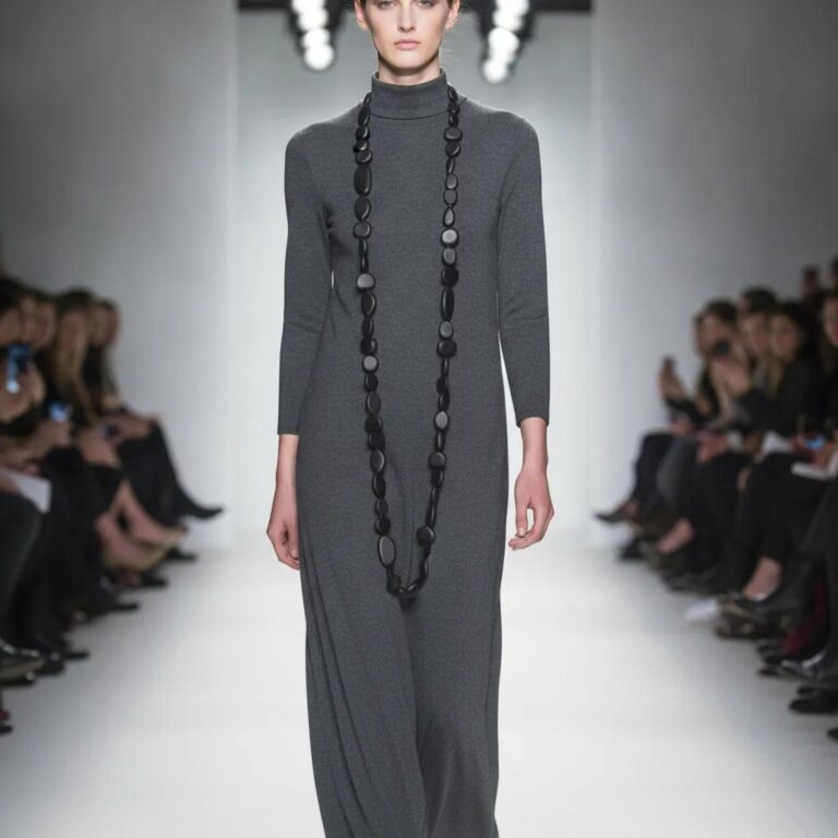 Model walking down a runway wearing a long, charcoal-gray turtleneck dress paired with an extra-long matte black bead necklace. The necklace features irregular oval beads that extend nearly to the knees, creating a minimalist yet dramatic silhouette.
