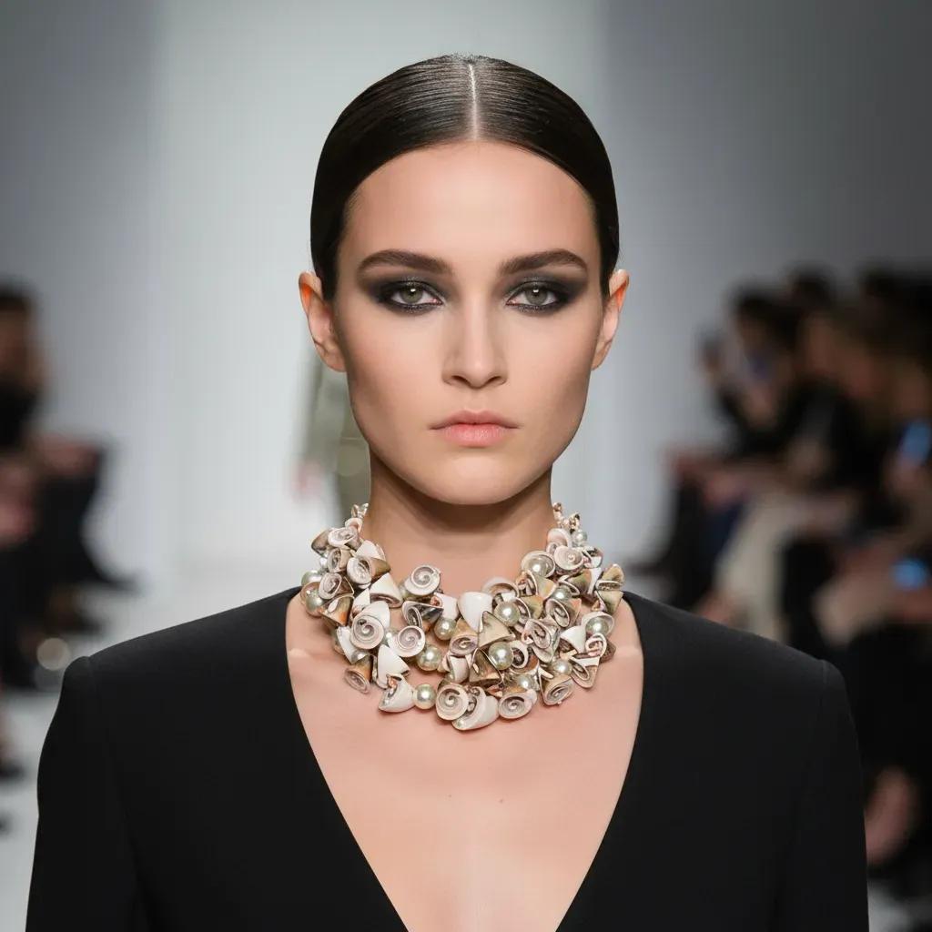 Model wearing a bold seashell necklace composed of spiral and cone-shaped shells and pearls, styled over a deep V-neck black dress on a runway. The necklace sits high on the neck, forming a sculptural choker effect.