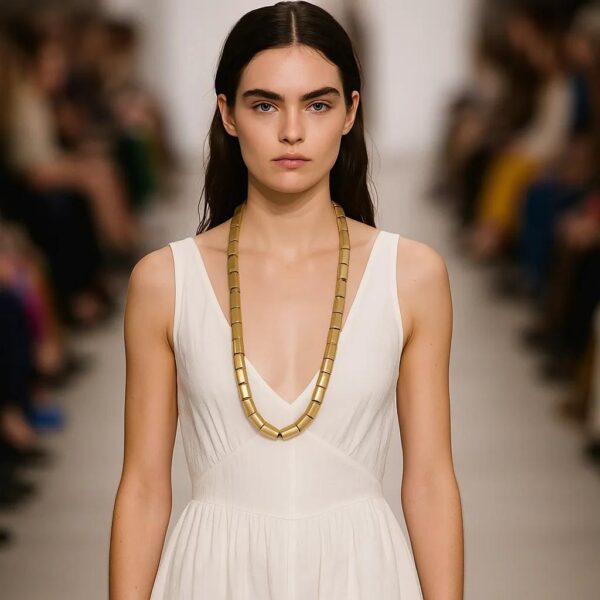Edgy with refinement, this punk long-style punk necklace is a bold nod to rebellion—crafted with a dash of sophistication. Measuring 33 inches (84 cm), its generous length makes it effortlessly versatile, flowing with grace for both daytime defiance and nighttime glam. Whether draped over denim or paired with sleek tailoring, it redefines punk as poised and intentional. A series of antique gold cylindrical beads form the heart of its punk design, channeling grit through gleaming elegance. These metallic accents lend an industrial vibe softened by their vintage luster, creating a dynamic contrast between raw attitude and curated style. It's punk—but with class. What truly sets this necklace apart is the subtle tension between form and finish. The choice of tones, bead shape, and extended length infuses the punk piece with movement and personality. It's perfect for those who walk the line between statement and subtlety, for those who embrace individuality with polish. Wear it layered, looped, or standalone—it’s your personal manifesto, wrapped in gold-toned attitude, you can add a touch of punk to your style, but with elegance.