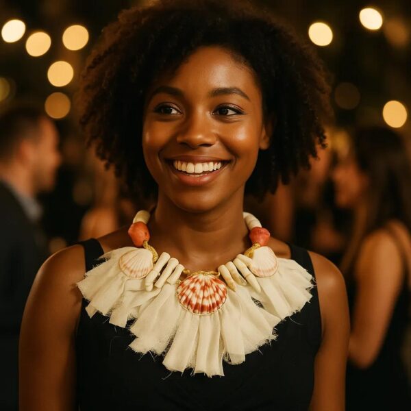 Effortlessly graceful and undeniably unique, this exquisite necklace invites nature’s charm into everyday elegance. Measuring 18 inches (46 cm), its versatile length makes it ideal for casual brunches, seaside strolls, sun-drenched garden parties, and cruise trips. Every natural element is thoughtfully curated to evoke tranquility and warmth. Soft peach-hued natural seashells reflect the calm of early dawn, while delicate soft orange coral infuses a gentle vitality into the palette. Pristine white coral adds balance and purity, grounding the design with its crisp contrast. These natural materials are strung along a supple ivory ribbon, which enhances the overall softness and lends a refined, handcrafted touch. This is a mild summer statement necklace for daytime parties or night pool parties. With its harmonious blend of color and texture, this mild summer piece is more than a necklace—it’s wearable art. It speaks to those who find beauty in subtlety and craftsmanship in simplicity. Whether peeking from beneath a linen collar or accenting a flowy dress, it enhances any outfit with understated sophistication. Let it be your daytime signature, a reminder of natural elegance and the quiet power of thoughtful design.