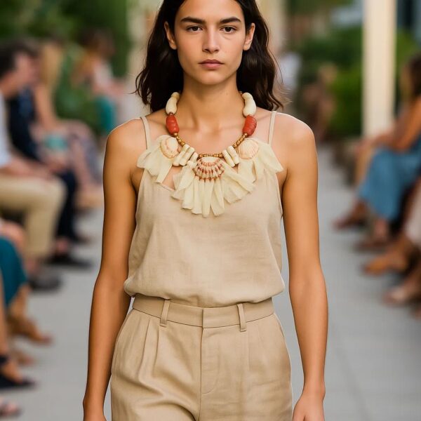 Effortlessly graceful and undeniably unique, this exquisite necklace invites nature’s charm into everyday elegance. Measuring 18 inches (46 cm), its versatile length makes it ideal for casual brunches, seaside strolls, sun-drenched garden parties, and cruise trips. Every natural element is thoughtfully curated to evoke tranquility and warmth. Soft peach-hued natural seashells reflect the calm of early dawn, while delicate soft orange coral infuses a gentle vitality into the palette. Pristine white coral adds balance and purity, grounding the design with its crisp contrast. These natural materials are strung along a supple ivory ribbon, which enhances the overall softness and lends a refined, handcrafted touch. This is a mild summer statement necklace for daytime parties or night pool parties. With its harmonious blend of color and texture, this mild summer piece is more than a necklace—it’s wearable art. It speaks to those who find beauty in subtlety and craftsmanship in simplicity. Whether peeking from beneath a linen collar or accenting a flowy dress, it enhances any outfit with understated sophistication. Let it be your daytime signature, a reminder of natural elegance and the quiet power of thoughtful design.