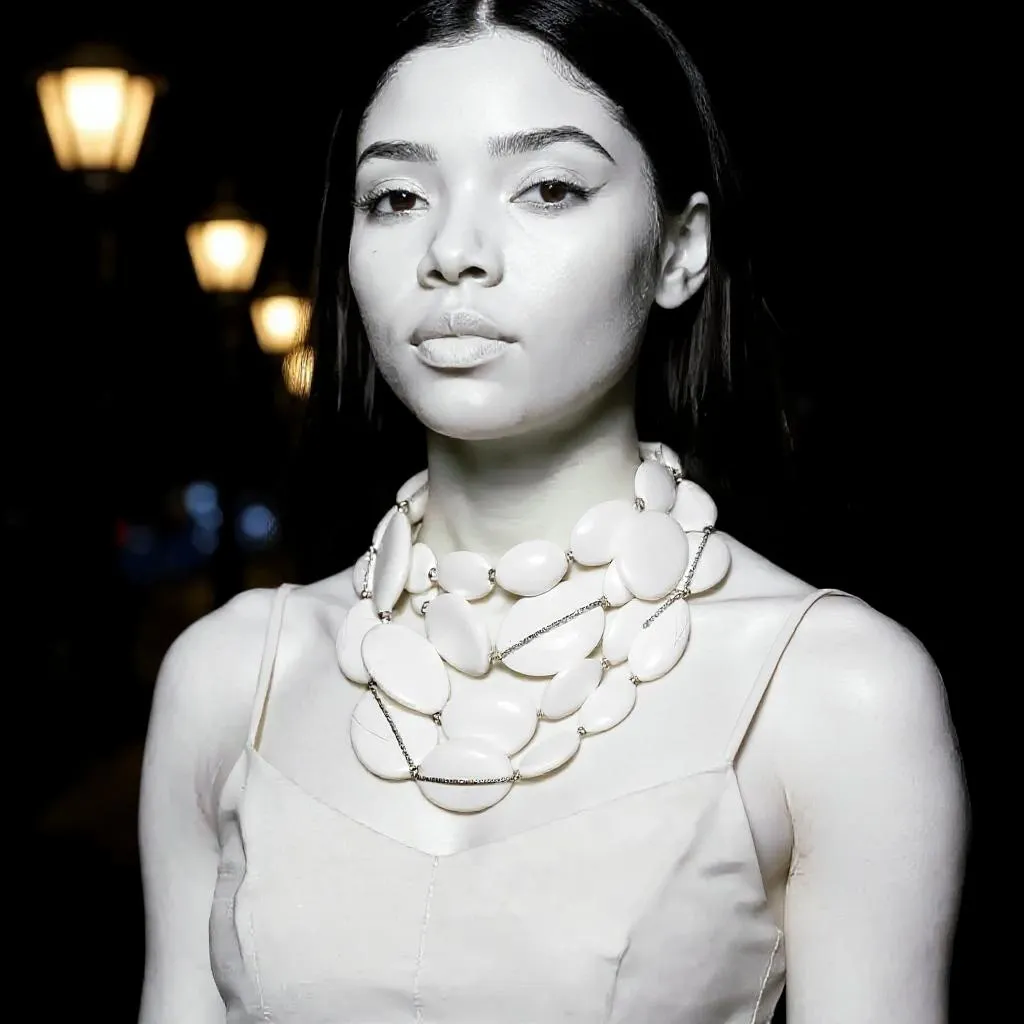 Graceful yet commanding, this exquisite double-strand necklace elevates your winter wardrobe with refined artistry and effortless style. Designed with versatility in mind, it transitions seamlessly between a single-strand silhouette—stretching up to 43 inches for an exotic, elongated look—and a layered choker effect that adds dramatic flair to turtlenecks and high-neck ensembles. Measuring 21 inches in its shorter form and weighing a wearable 22 oz, it offers both visual impact and lightweight comfort.  Wear it showing one strand, double it up to show a standard long necklace, or maximize its looks wearing an extra-long single strand that will reach beyond the knee length, for a dramatic effect with pants, or a long, flowy dress. The winter white is versatile during summer or winter.  The winter white palette exudes understated elegance, while oval-shaped beads shimmer with embedded rhinestones, catching the light with every movement. Their subtle sparkle brings a festive touch to neutral tones, pairing beautifully with cashmere, wool, or sleek winter knits. Whether worn for holiday gatherings or cozy weekend brunches, this necklace complements the season with softness and glamour. Designed to be styled your way, it’s more than an accessory—it’s a statement of adaptability and grace. From its thoughtful structure to its radiant beadwork, this piece invites creative styling and personal expression. Let it wrap your neck in quiet luxury, turning ordinary winter layers into extraordinary fashion moments.