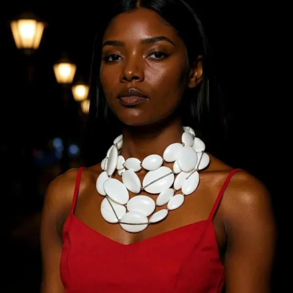 Graceful yet commanding, this exquisite double-strand necklace elevates your winter wardrobe with refined artistry and effortless style. Designed with versatility in mind, it transitions seamlessly between a single-strand silhouette—stretching up to 43 inches for an exotic, elongated look—and a layered choker effect that adds dramatic flair to turtlenecks and high-neck ensembles. Measuring 21 inches in its shorter form and weighing a wearable 22 oz, it offers both visual impact and lightweight comfort.  Wear it showing one strand, double it up to show a standard long necklace, or maximize its looks wearing an extra-long single strand that will reach beyond the knee length, for a dramatic effect with pants, or a long, flowy dress. The winter white is versatile during summer or winter.  The winter white palette exudes understated elegance, while oval-shaped beads shimmer with embedded rhinestones, catching the light with every movement. Their subtle sparkle brings a festive touch to neutral tones, pairing beautifully with cashmere, wool, or sleek winter knits. Whether worn for holiday gatherings or cozy weekend brunches, this necklace complements the season with softness and glamour. Designed to be styled your way, it’s more than an accessory—it’s a statement of adaptability and grace. From its thoughtful structure to its radiant beadwork, this piece invites creative styling and personal expression. Let it wrap your neck in quiet luxury, turning ordinary winter layers into extraordinary fashion moments.