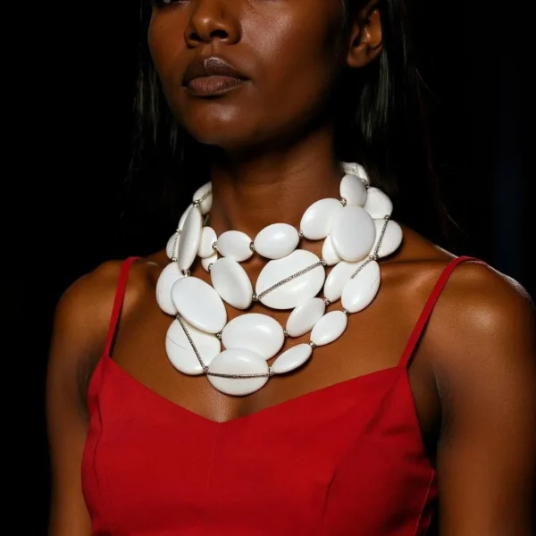 Graceful yet commanding, this exquisite double-strand necklace elevates your winter wardrobe with refined artistry and effortless style. Designed with versatility in mind, it transitions seamlessly between a single-strand silhouette—stretching up to 43 inches for an exotic, elongated look—and a layered choker effect that adds dramatic flair to turtlenecks and high-neck ensembles. Measuring 21 inches in its shorter form and weighing a wearable 22 oz, it offers both visual impact and lightweight comfort.  Wear it showing one strand, double it up to show a standard long necklace, or maximize its looks wearing an extra-long single strand that will reach beyond the knee length, for a dramatic effect with pants, or a long, flowy dress. The winter white is versatile during summer or winter.  The winter white palette exudes understated elegance, while oval-shaped beads shimmer with embedded rhinestones, catching the light with every movement. Their subtle sparkle brings a festive touch to neutral tones, pairing beautifully with cashmere, wool, or sleek winter knits. Whether worn for holiday gatherings or cozy weekend brunches, this necklace complements the season with softness and glamour. Designed to be styled your way, it’s more than an accessory—it’s a statement of adaptability and grace. From its thoughtful structure to its radiant beadwork, this piece invites creative styling and personal expression. Let it wrap your neck in quiet luxury, turning ordinary winter layers into extraordinary fashion moments.