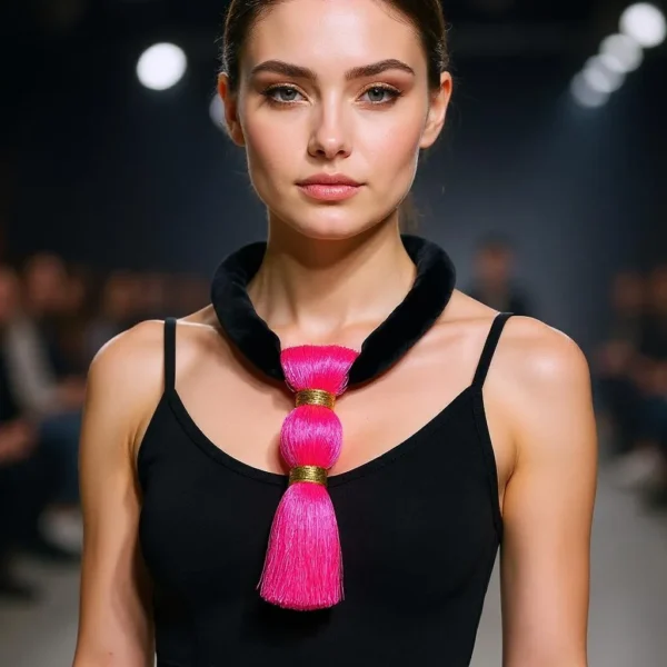Bold, playful, and effortlessly chic—this striking pink and black necklace is the accessory your black wardrobe’s been waiting for. Measuring 17 inches (43 cm) and weighing a mere 3 ounces, it blends comfort with unforgettable style. The soft black suede cord lies smoothly against the skin, while the oversized hot pink tassel, crafted from luxe silk thread and bound in shimmering gold, steals the spotlight. Perfect for those who love wearing black but want to add a vibrant twist, the tassel’s vivid hue injects instant energy into your ensemble. Whether you're dressing up a casual tee or adding flair to an evening look, this piece is a standout companion. The tassel sways gracefully with movement, catching the light and attention alike—making it more than an accessory; it’s a statement of joyful confidence. Designed for effortless wear, its lightweight construction and punchy color palette make it ideal for both day-to-night transitions and seasonal layering. A must-have in any expressive collection, this necklace invites you to redefine black with a pop of personality. Let it hang loose, speak loud, and celebrate your style with every swing.