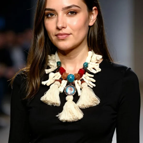 A true masterpiece of wearable art, this captivating necklace merges Italian traditional style with artisanal brilliance and exotic charm. Measuring 19 inches (46 cm) and weighing 19 ounces, it commands attention with its sculptural silhouette and bold presence—perfect for collectors and connoisseurs alike. At its heart lies a distinctive wood medallion, framed by a dynamic blend of Coral, Labradorite, and Apatite—natural stones celebrated for their vibrant energy and grounding beauty. Elegant tassels cascade gracefully from the medallion, adding movement and layered depth. Brass horses and bone elements weave through the design, enriching its texture and evoking elegance infused with Italian symbolic weight. More than a necklace, it’s an Italian exhibition piece you can wear—a fusion of culture, nature, and artisan skill. The Italian motifs stand out as conversation starters, perfect for gallery strolls or sophisticated evenings. Whether paired with minimalist apparel to highlight its rich detail or incorporated into a more bohemian ensemble, this statement accessory transforms any look into a story. With every bead and tassel, it celebrates heritage, intention, and individuality. Let it be the centerpiece of your collection—a design that speaks volumes and captivates with grace.