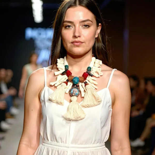 A true masterpiece of wearable art, this captivating necklace merges Italian traditional style with artisanal brilliance and exotic charm. Measuring 19 inches (46 cm) and weighing 19 ounces, it commands attention with its sculptural silhouette and bold presence—perfect for collectors and connoisseurs alike. At its heart lies a distinctive wood medallion, framed by a dynamic blend of Coral, Labradorite, and Apatite—natural stones celebrated for their vibrant energy and grounding beauty. Elegant tassels cascade gracefully from the medallion, adding movement and layered depth. Brass horses and bone elements weave through the design, enriching its texture and evoking elegance infused with Italian symbolic weight. More than a necklace, it’s an Italian exhibition piece you can wear—a fusion of culture, nature, and artisan skill. The Italian motifs stand out as conversation starters, perfect for gallery strolls or sophisticated evenings. Whether paired with minimalist apparel to highlight its rich detail or incorporated into a more bohemian ensemble, this statement accessory transforms any look into a story. With every bead and tassel, it celebrates heritage, intention, and individuality. Let it be the centerpiece of your collection—a design that speaks volumes and captivates with grace.
