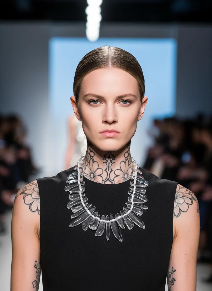 Model wearing a transparent resin bead necklace with elongated shapes arranged around the neckline, styled over a sleeveless black dress on a runway. The necklace catches the light, creating a luminous, sculptural look.