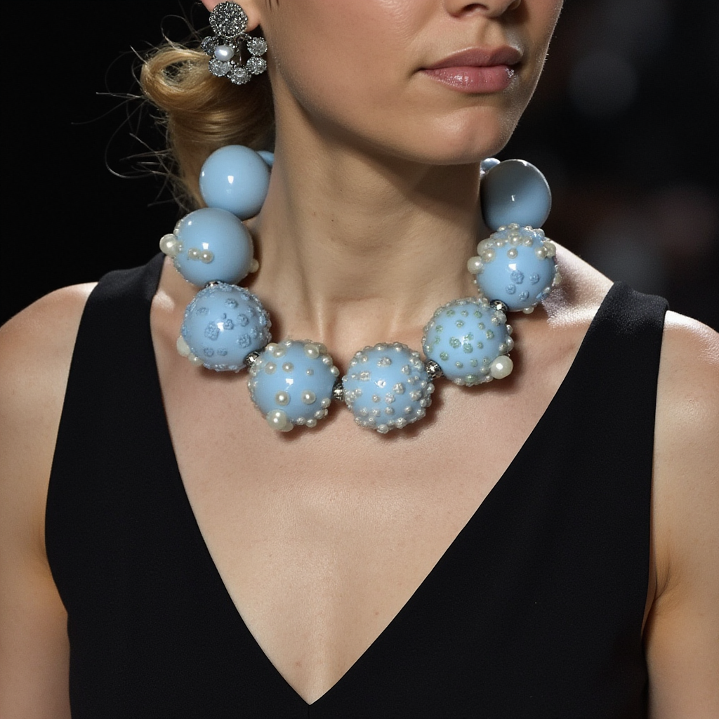 Model wearing a bold baby-blue beaded necklace with floral and pearl embellishments, styled over a deep V-neck black dress on a runway. The necklace sits close to the neckline, creating a sculptural, elegant look.