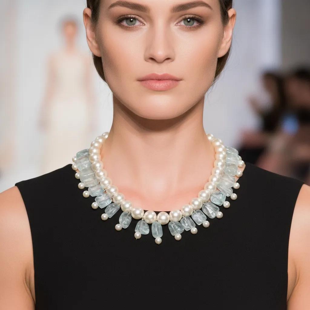 Model wearing a sophisticated necklace composed of alternating white pearls and light blue tumbled glass beads, styled over a sleeveless black dress on a runway. The necklace sits elegantly along the collarbone, adding a refined touch to the ensemble.