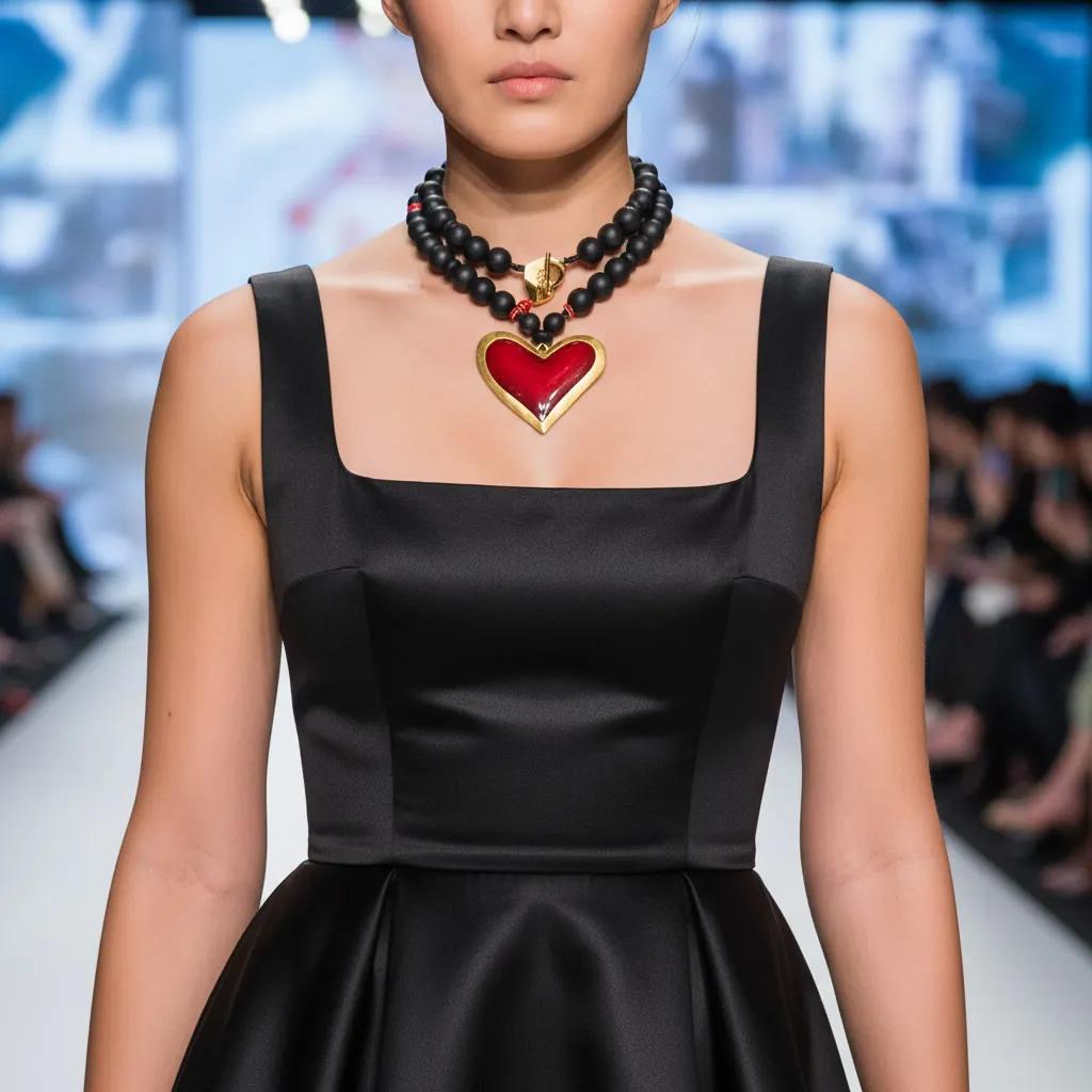 Model wearing a bold necklace made of matte black beads with a large red heart pendant framed in gold, styled over a square-neck black satin dress on a runway.