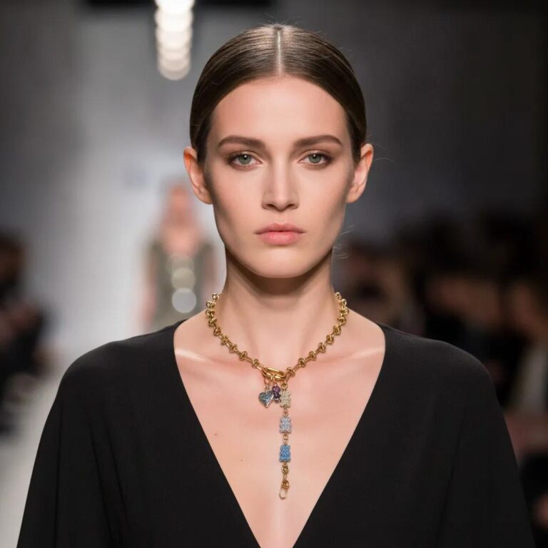 Model wearing a gold chain necklace with colorful bear-shaped charms and a glittery heart pendant, styled over a deep V-neck black dress on a runway. The necklace drapes elegantly with a vertical drop accent.