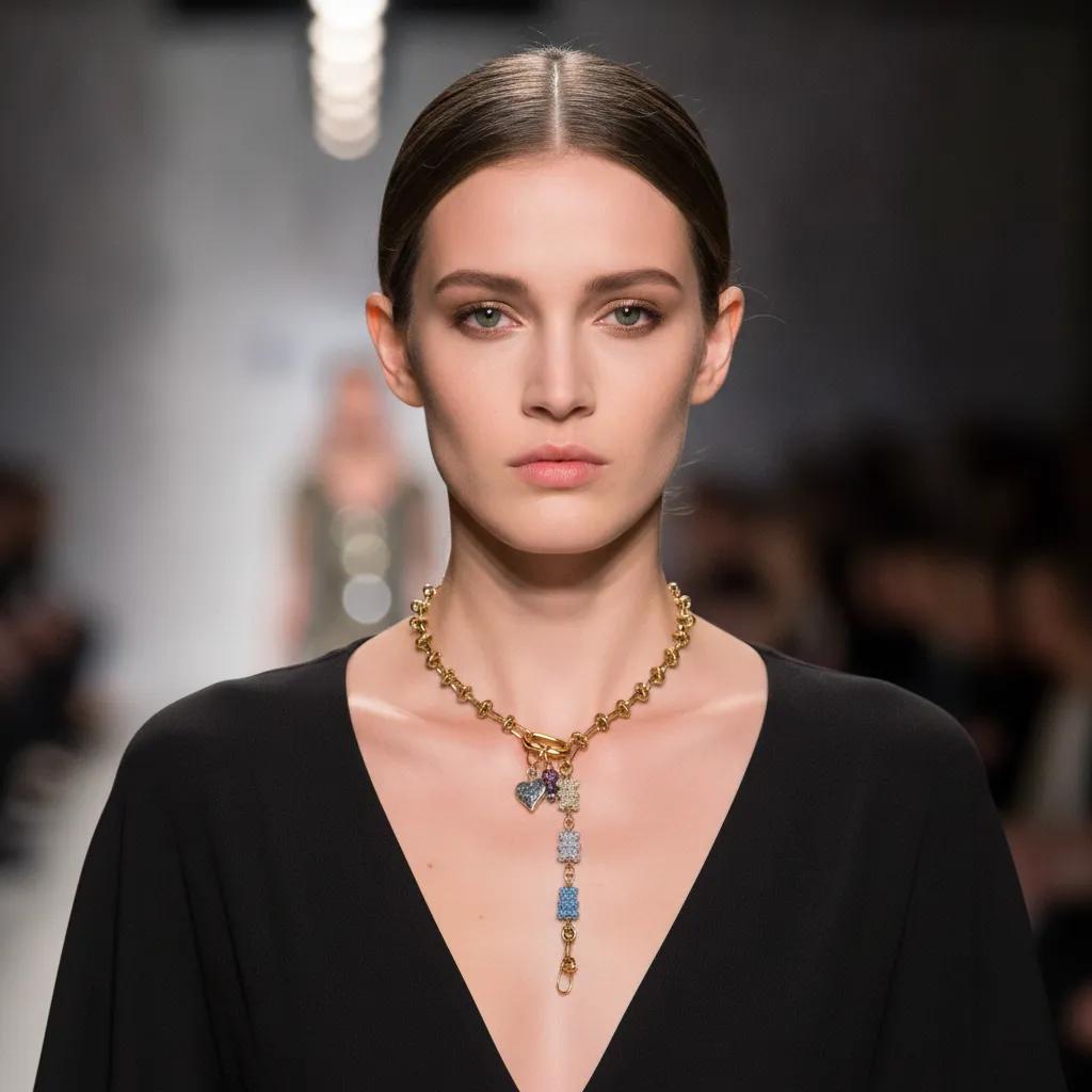 Model wearing a gold chain necklace with colorful bear-shaped charms and a glittery heart pendant, styled over a deep V-neck black dress on a runway. The necklace drapes elegantly with a vertical drop accent.