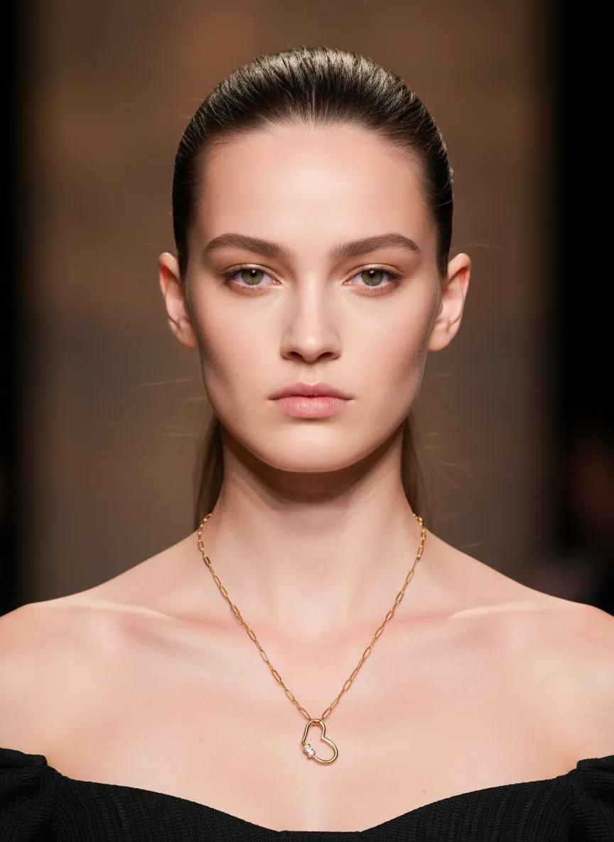Model wearing a gold chain necklace with colorful bear-shaped charms and a glittery heart pendant, styled over a deep V-neck black dress on a runway. The necklace drapes elegantly with a vertical drop accent.