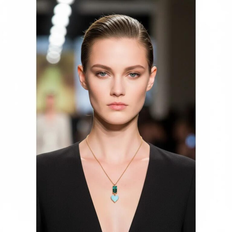 Model wearing a gold necklace with a rectangular blue crystal and turquoise heart pendant. Styled with a deep V-neck black dress, the necklace adds a subtle pop of color and sophistication.